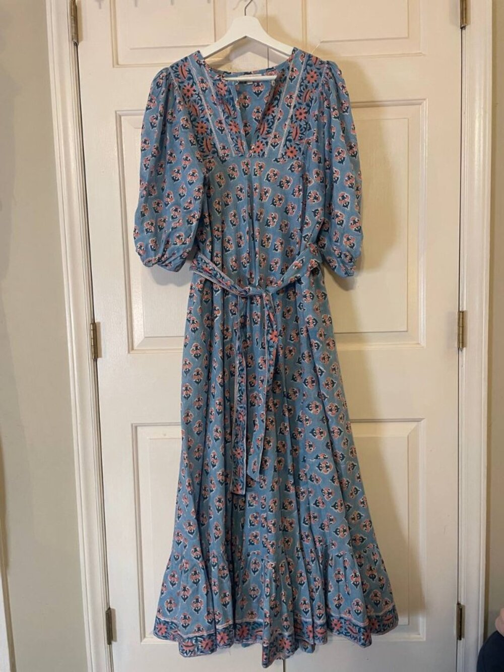 Marea Cotton blue floral Print Baloon Sleeve House dress Maxi Dress Sz 3 large - Picture 1 of 8